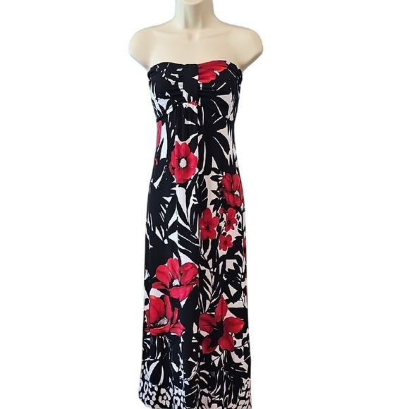 Dresses & Skirts - Floral Strapless Maxi Dress - Black and Red